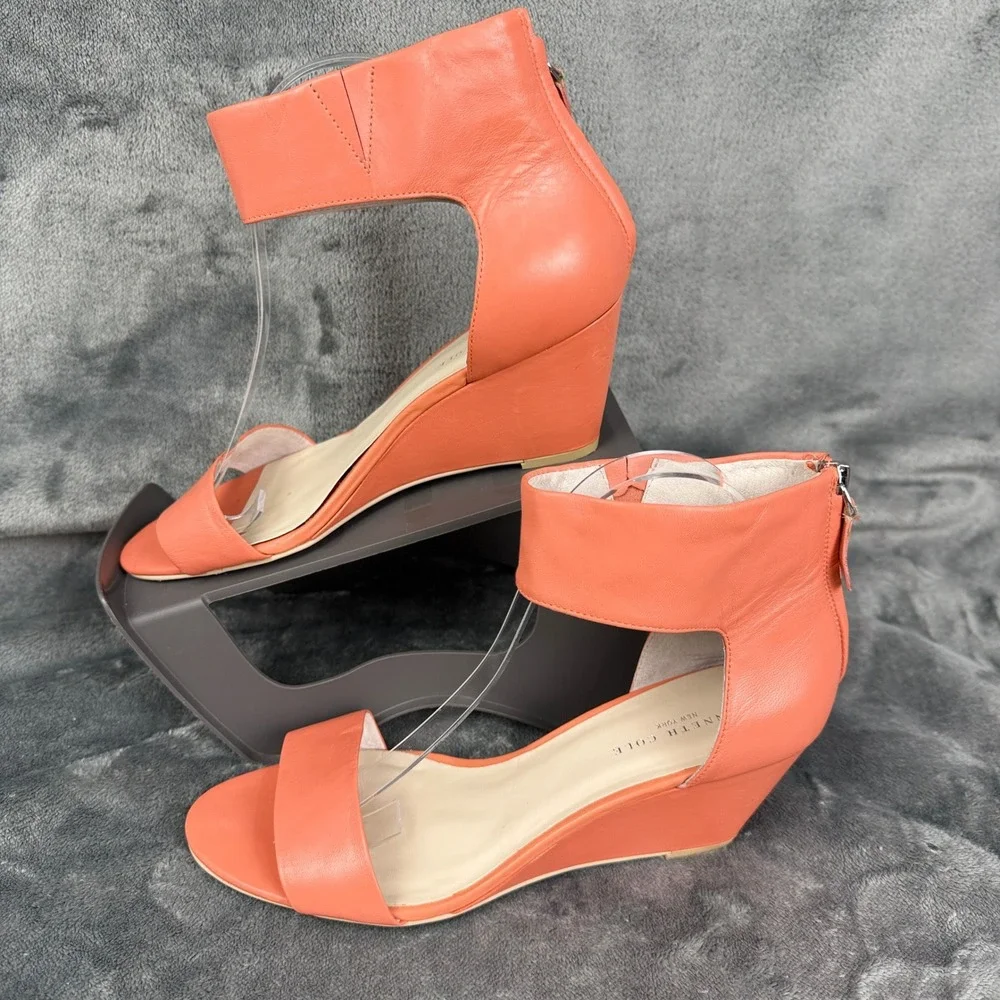 Kenneth Cole Reaction Orange‎ Leather Ankle Strap Wedge Heel Sandals 9.5M